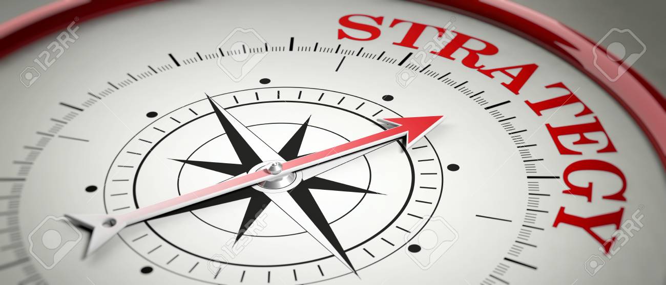 Strategy concept. Compass red arrow pointing at word Strategy. 3d